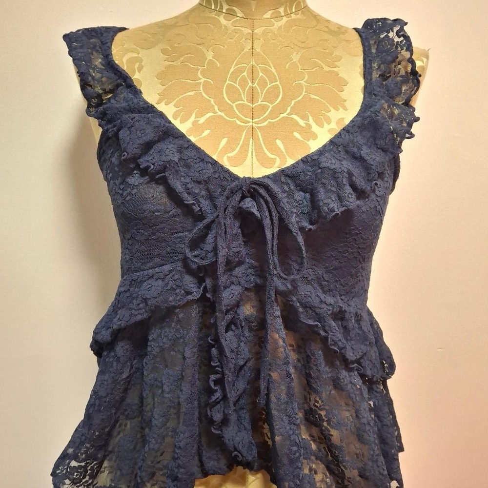 Vintage Old Navy whimsygoth navy lace top ruffles feminine fairy whimsygoth Y2K